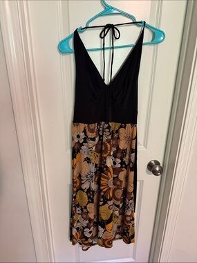 Roulette Black Halter Floral Midi Dress with Brown and Mustard Accents